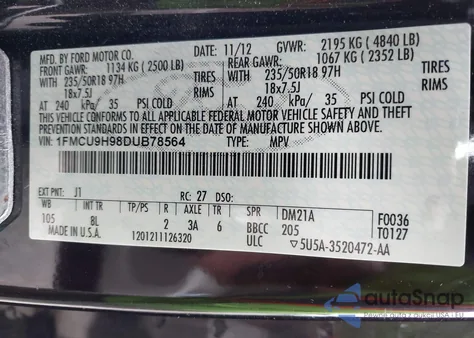 2013 Ford Escape Sel из США, поврежденный, VIN 1FMCU9H98DUB78564